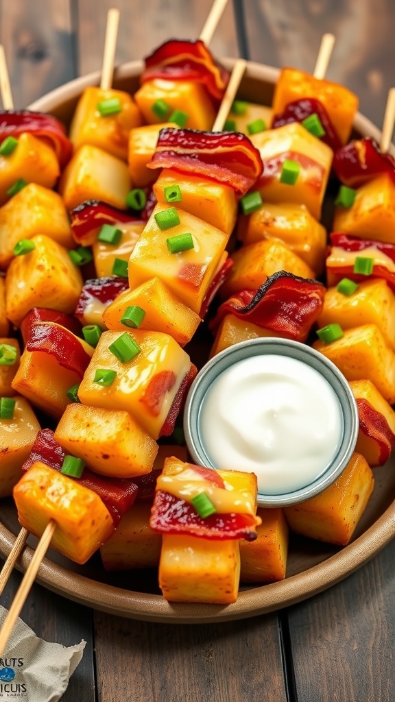 A colorful platter of loaded potato skewers with bacon, cheese, and green onions, served with sour cream.